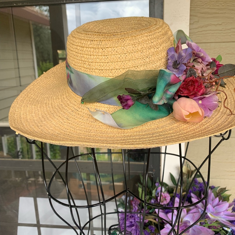 Artisan Upcycled  Tan  wide brim Straw round sun hat, HPx2 - Picture 2 of 7